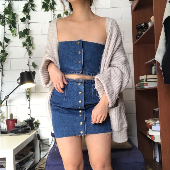 denim two piece skirt set